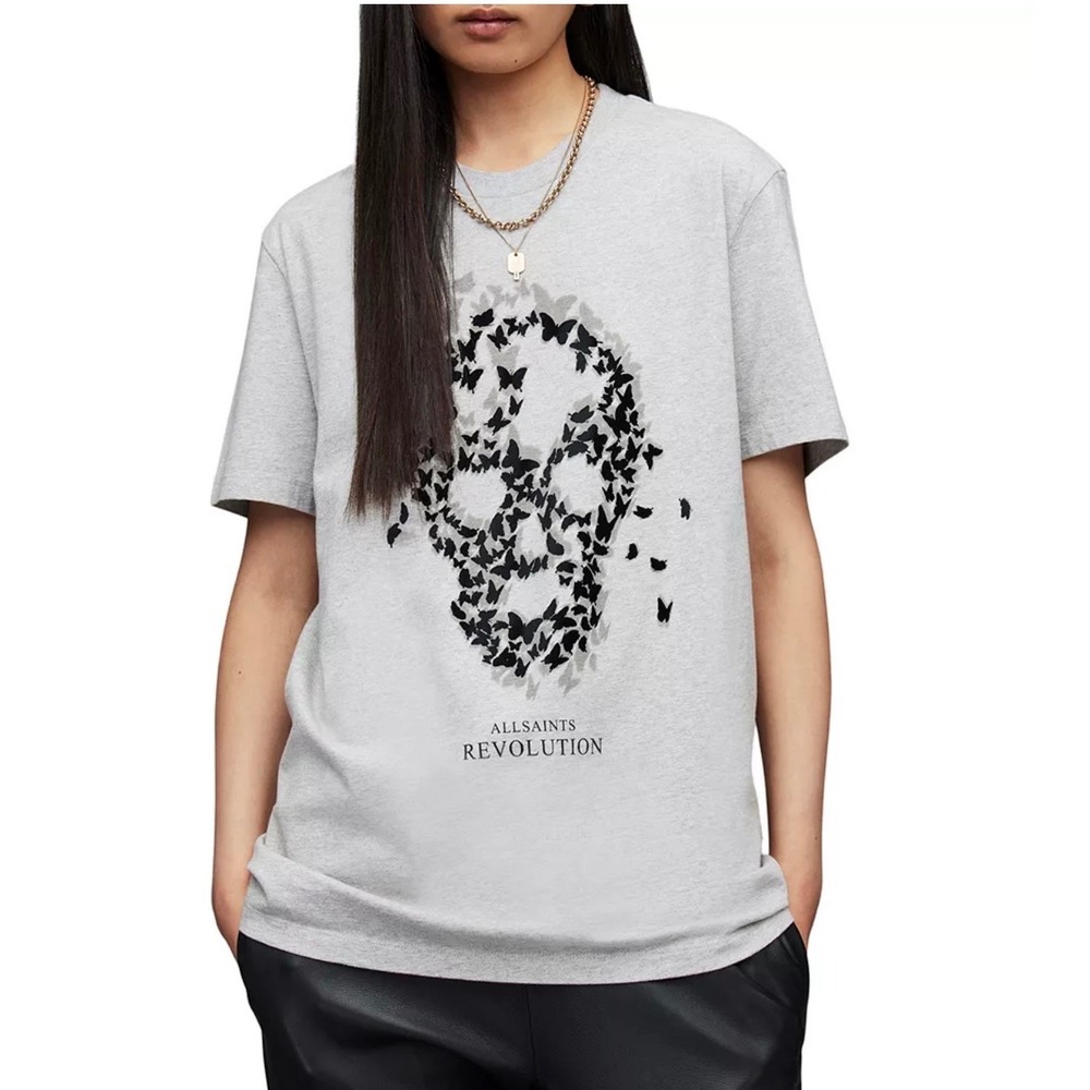 AllSaints Omnia Skull Boyfriend Tee Grey‎ Butterfly Graphic T-Shirt Small
